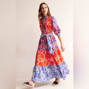 Boden Alba Tiered Cotton Maxi Dress Firecracker Gardenia Swirl 8P (Missing belt)